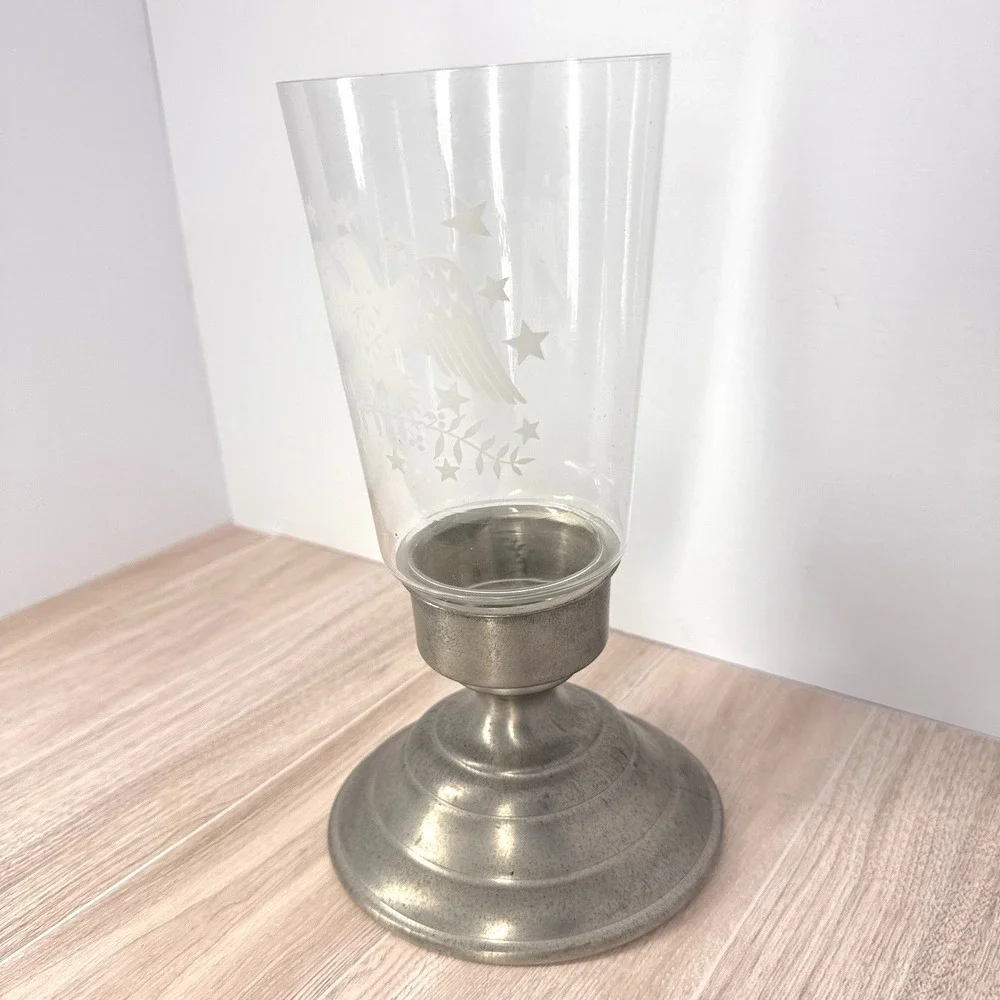 Vintage Americana Eagle Stars Glass Hurricane Candle Holder Pewter Tone Base